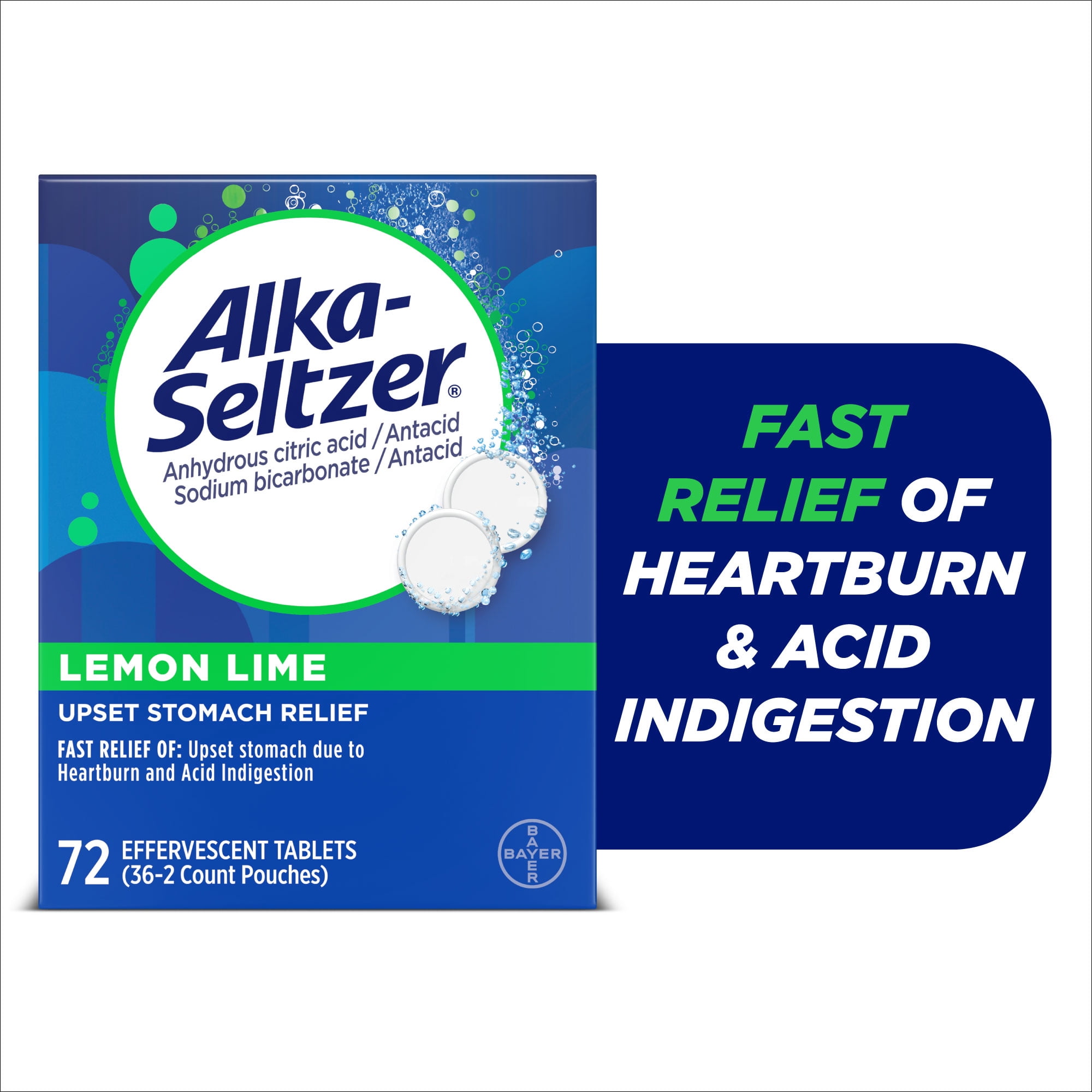 Alka-Seltzer Heartburn Relief Lemon Lime Flavor Effervescent Tablets, Dissolvable Antacid, 72 Count