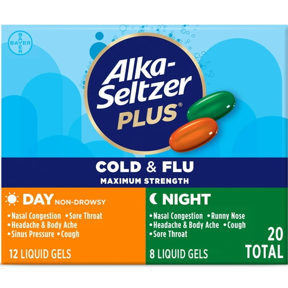 Alka-Seltzer Plus Maximum Strength Cold & Flu Medicine, Day + Night, Liquid Gels, 20 Count