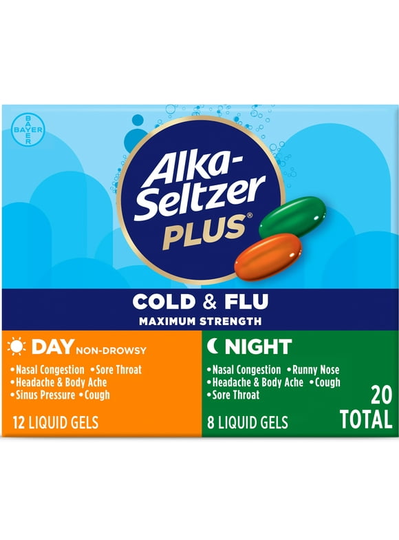 Alka-Seltzer Plus Maximum Strength Cold & Flu Medicine, Day + Night, Liquid Gels, 20 Count