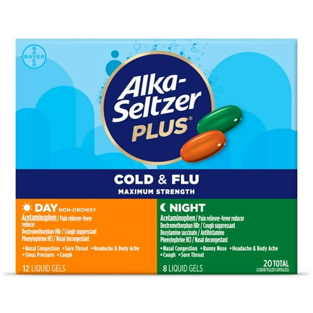 Alka-Seltzer Plus Maximum Strength Cold & Flu Medicine, Day + Night, Liquid Gels, 20 Count