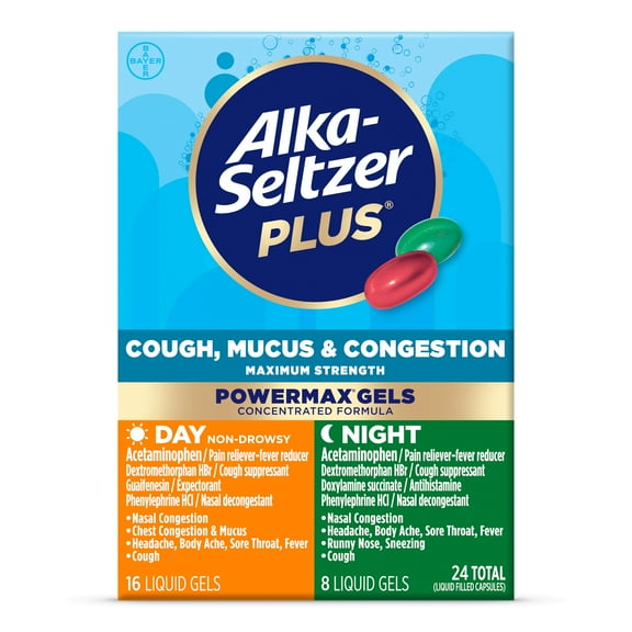 Alka-Seltzer Plus Maximum Strength Cough, Mucus & Congestion Medicine, Day+Night, Powermax Liquid Gels, 24 Count