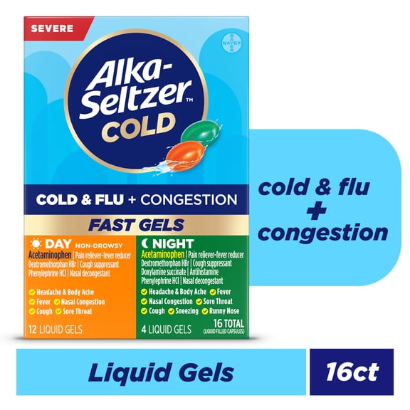 Alka-Seltzer Cold, Cold & Flu + Congestion Severe Day/Night Fast Gels, 16 Count