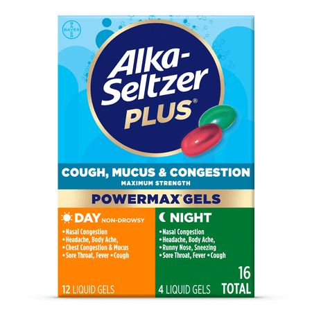 Alka-Seltzer Plus Maximum Strength Cough, Mucus & Congestion Medicine, Day+Night, Powermax Liquid Gels, 16 Count