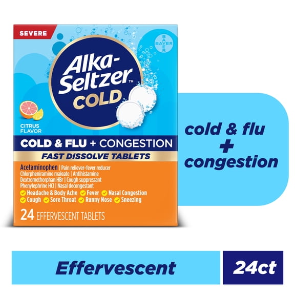 Alka-Seltzer Plus Powerfast Fizz Severe Cold & Flu Medicine, Citrus Effervescent Tablets, 24 Count