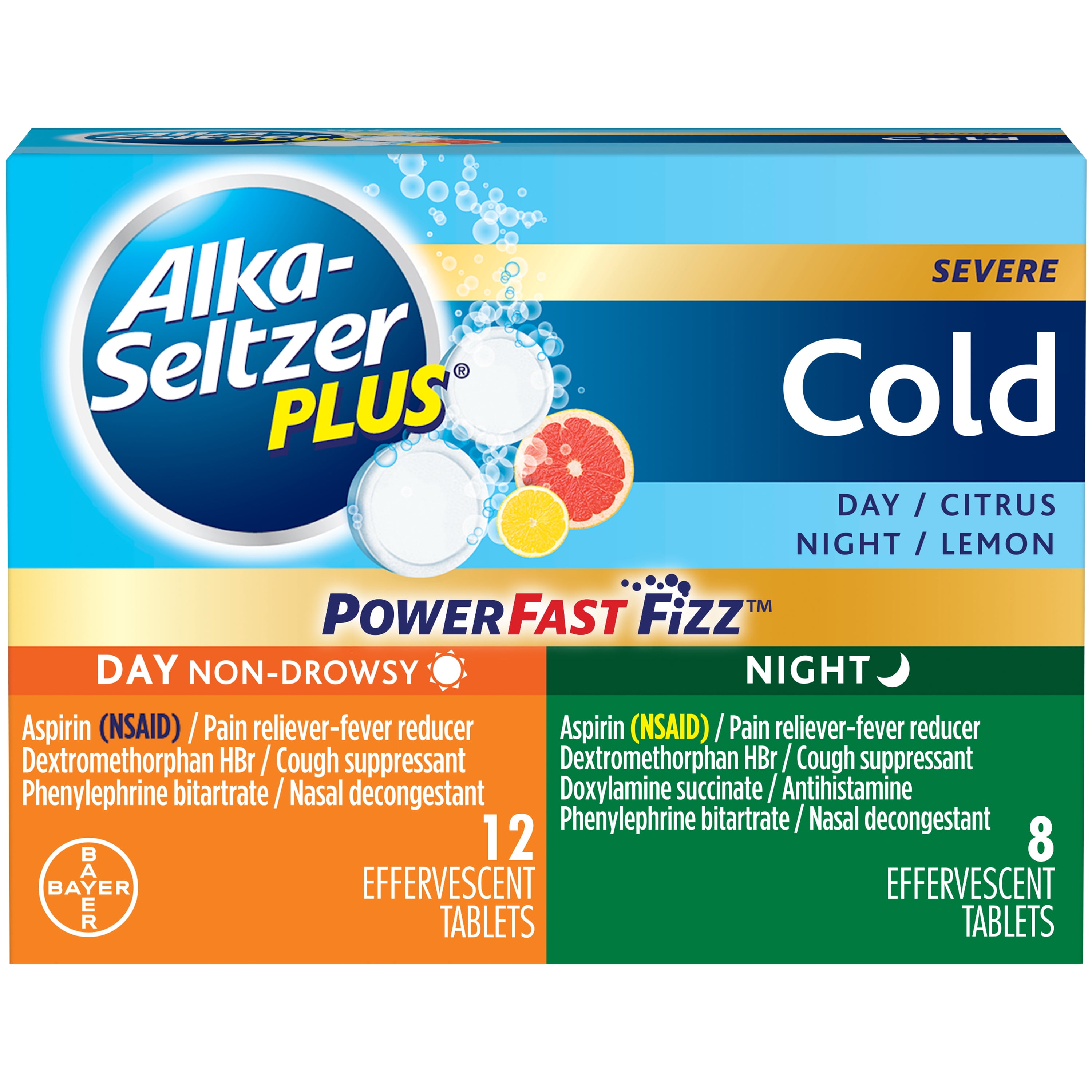 Alka-Seltzer Plus Powerfast Fizz Severe Day + Night Cold Medicine, Effervescent Tablets, 20 Count