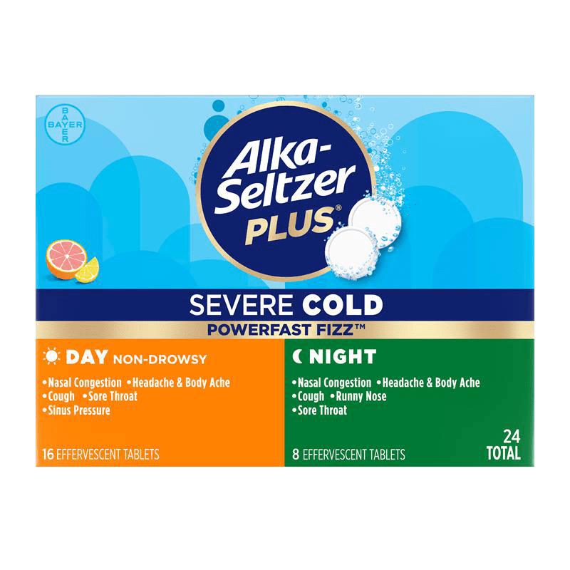 Alka-Seltzer Plus Powerfast Fizz Severe Day + Night Cold Medicine, Effervescent Tablets, 24 Count