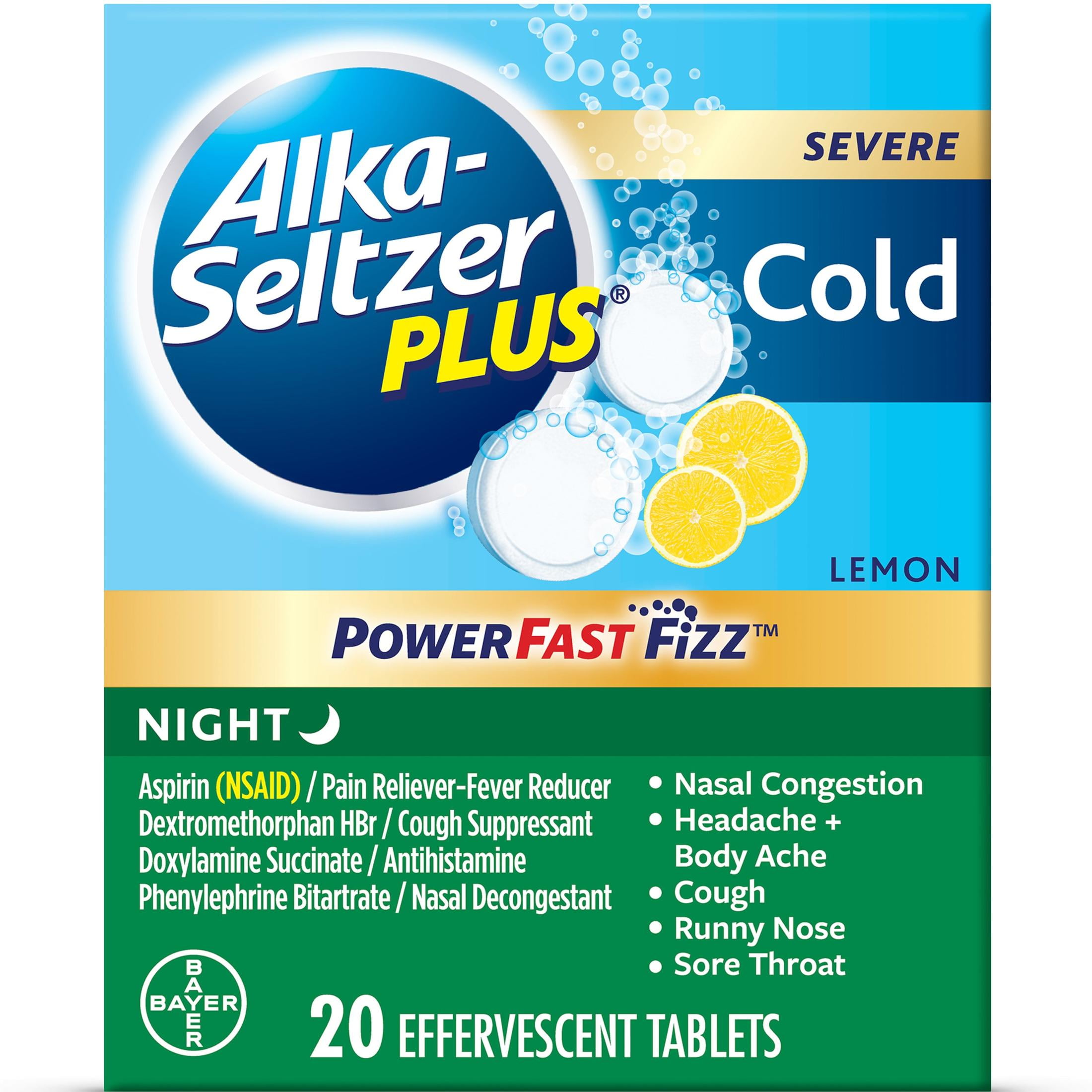 Alka-Seltzer Plus Powerfast Fizz Severe Night Cold Medicine, Lemon Effervescent Tablets, 20 Count