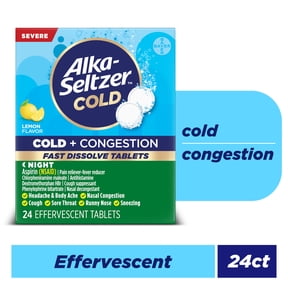Alka-Seltzer Cold, Cold + Congestion Severe Night Fast Dissolve Tabs, Lemon Flavor, 24 Count