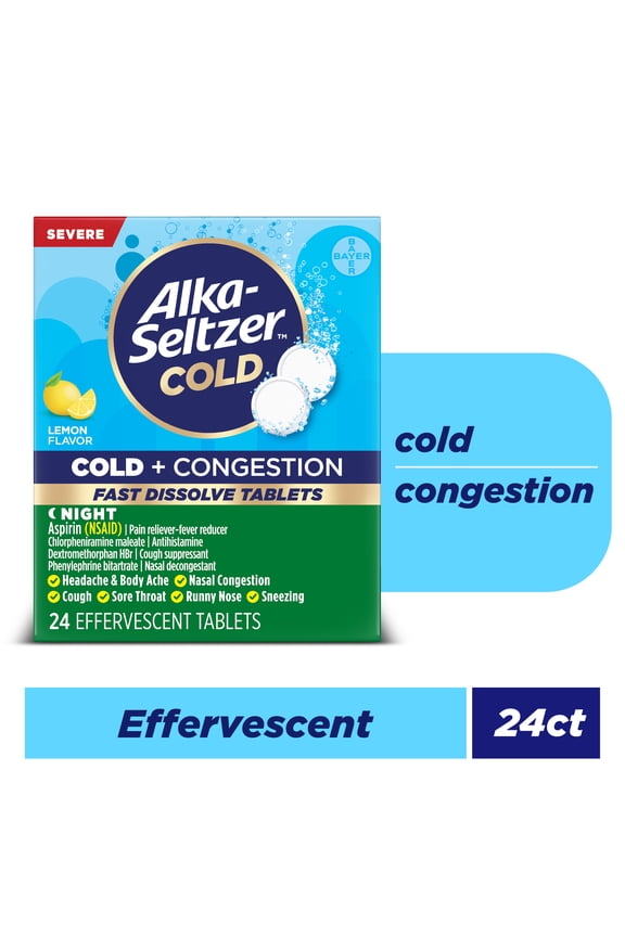 Alka-Seltzer Cold, Cold + Congestion Severe Night Fast Dissolve Tabs, Lemon Flavor, 24 Count