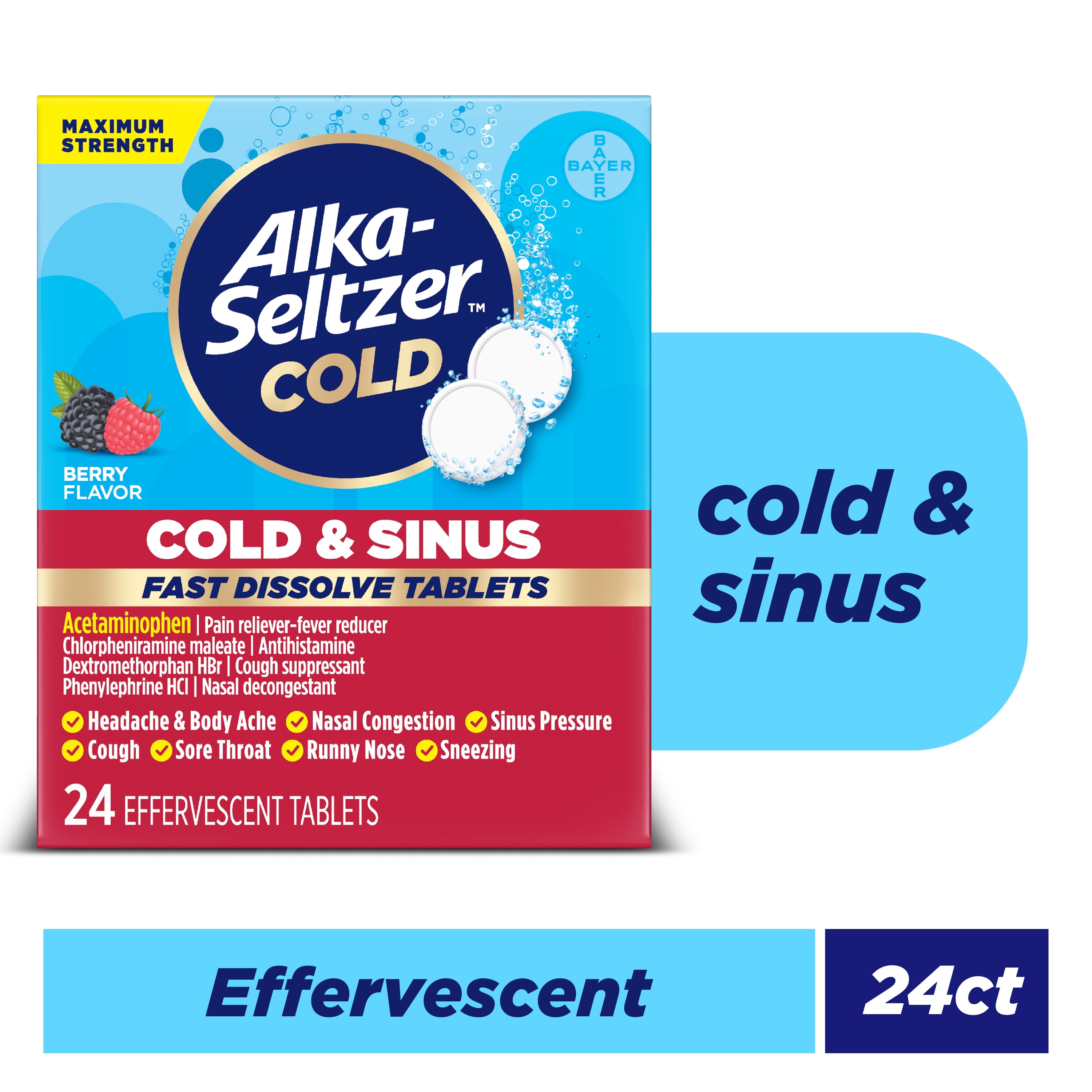 Alka-Seltzer Cold, Cold & Sinus Max Strength Fast Dissolve Tabs, Berry Flavor, 24