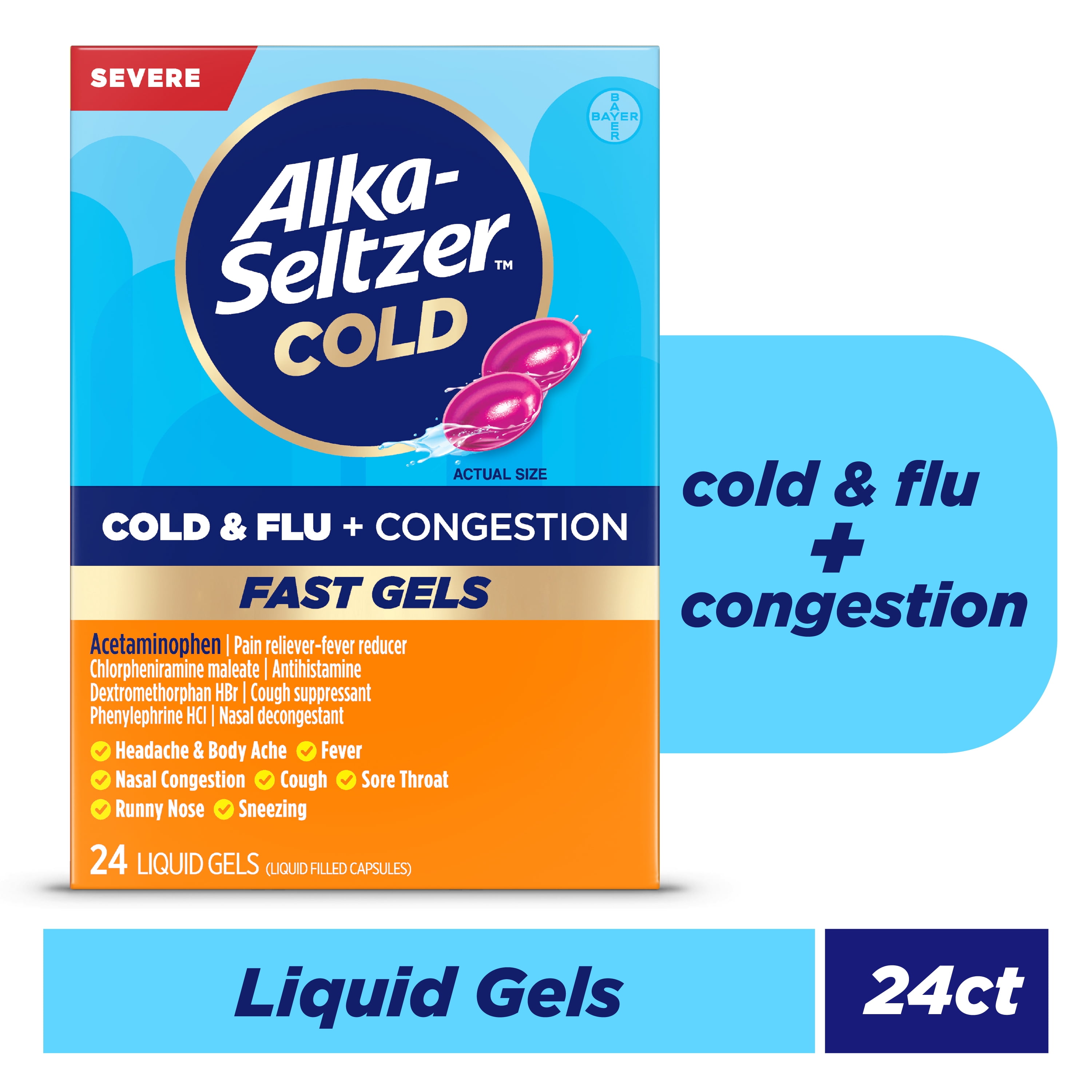 Alka-Seltzer Cold, Cold & Flu + Congestion Severe Fast Gels, 24 Count
