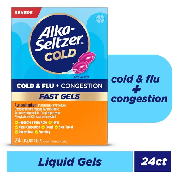 Alka-Seltzer Cold, Cold & Flu + Congestion Severe Fast Gels, 24 Count