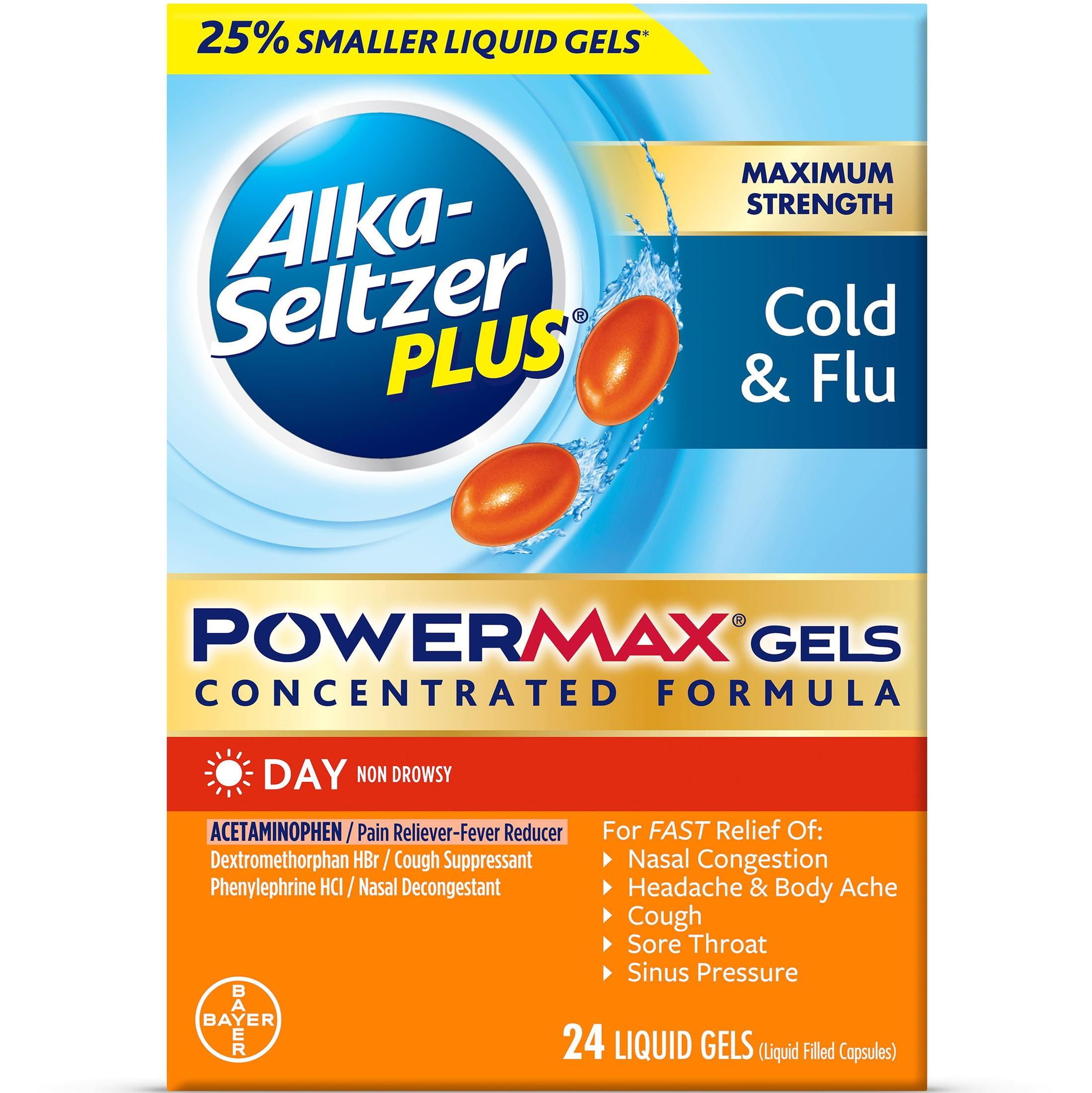 Alka-Seltzer Plus Powermax Cold & Flu Medicine, Day, Liquid Gels, 24 ...