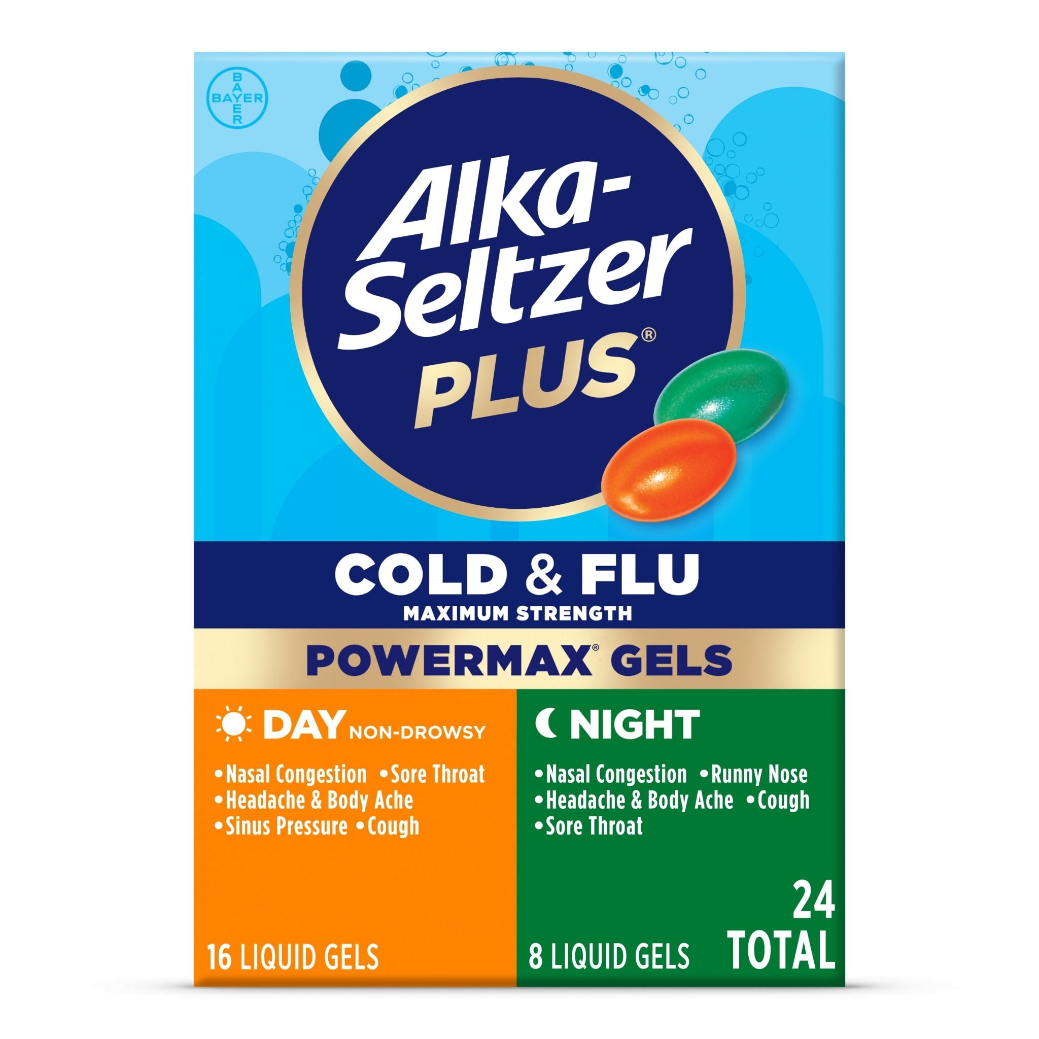 Alka-Seltzer Plus Powermax Cold & Flu Medicine, Day + Night, Liquid Gels, 24 Count