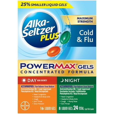 Alka-Seltzer Plus Maximum Strength Powermax Cold & Flu Day + Night Liquid Gels, 24 Ct