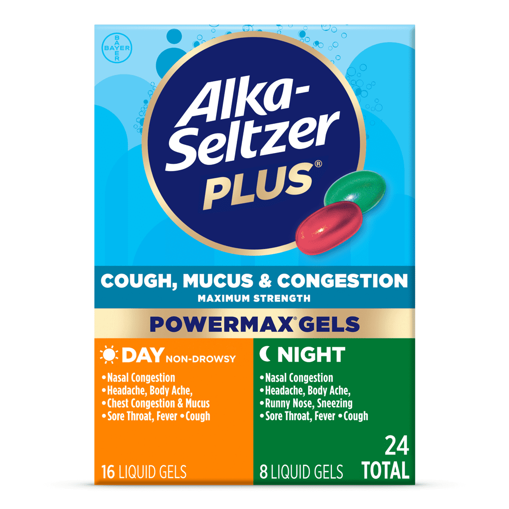 Alka-Seltzer Plus Maximum Strength Cough, Mucus & Congestion Medicine, Day+Night, Powermax Liquid Gels, 24 Count