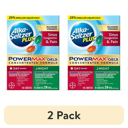 (2 pack) Alka-Seltzer Plus Maximum Strength Powermax Sinus & Cold Day + Night Liquid Gels, 24 Ct