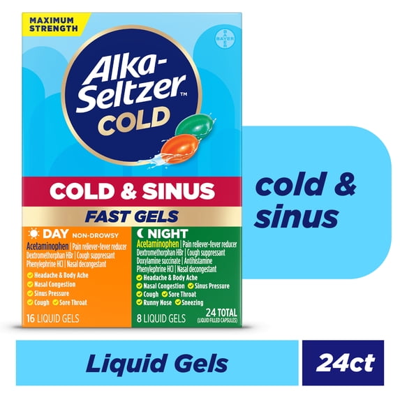 Alka-Seltzer Plus Maximum Strength Sinus & Cold Medicine, Day + Night, Powermax Liquid Gels, 24 Count