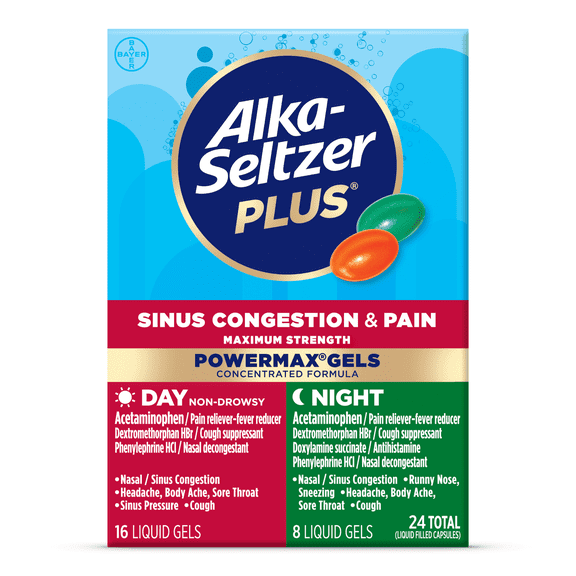 Alka-Seltzer Plus Powermax Sinus & Cold Medicine, Day + Night, Liquid Gels, 24 Count