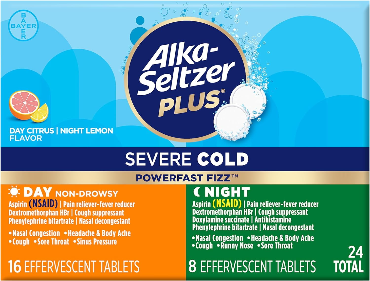 AlkaSeltzer Plus Severe Cold Medicine Day and Night, PowerFast Fizz
