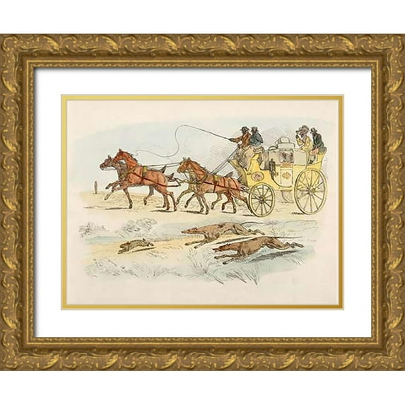 Alken, Henry Thomas 14x12 Gold Ornate Wood Framed with Double Matting Museum Art Print Titled - People On A Carriage Watching Dogs Chasing A Rabbit, 1817