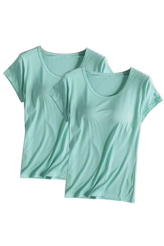 2 Pack Womens T-Shirts with Built in Bras Scoop Neck Short Sleeve Tshirt Cute Summer Tops Slim Fit Tees Basic Layer Undershirt