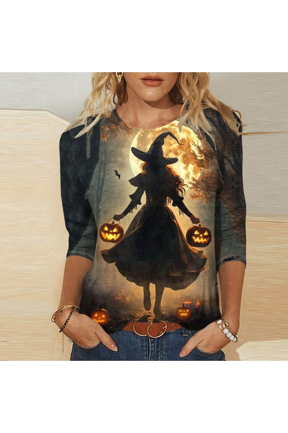 3/4 Sleeve Length Tops Halloween Shirts for Women Halloween Witch Cat Pumpkin Print T-Shirt Funny Scary Movies Shirts Spooky Graphic Tees Novelty Party Shirt