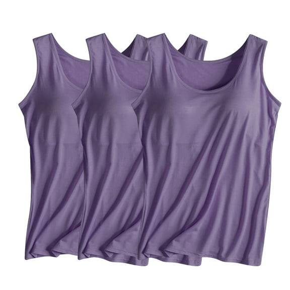 Alkepwun 3PCS Tank Top for Women with Built-in Padded Bra Wide Strap Camisole Soft Cotton Modal Undershirt Stretch Tanks