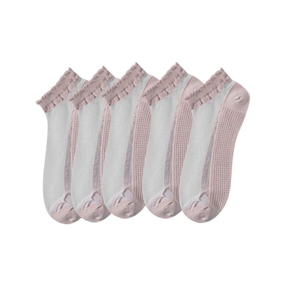 Alkepwun Ankle Socks Womens Cotton Crystal Yarn Panel Solid-Color Breathable Summer 5 Pack Socks Scalloped Cuff Transparent Sheer Cool Invisible Sock