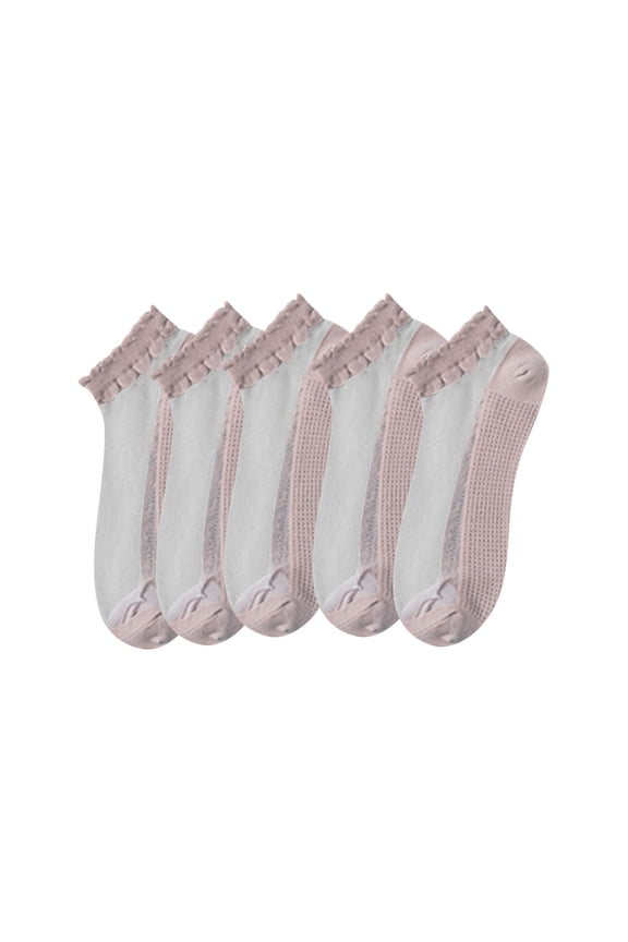 Ankle Socks Womens Cotton Crystal Yarn Panel Solid-Color Breathable Summer 5 Pack Socks Scalloped Cuff Transparent Sheer Cool Invisible Sock