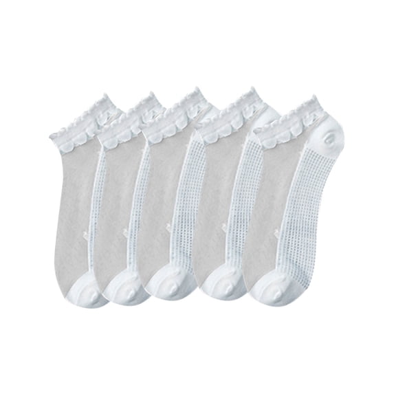 Alkepwun Ankle Socks Womens Cotton Crystal Yarn Panel Solid-Color Breathable Summer 5 Pack Socks Scalloped Cuff Transparent Sheer Cool Invisible Sock