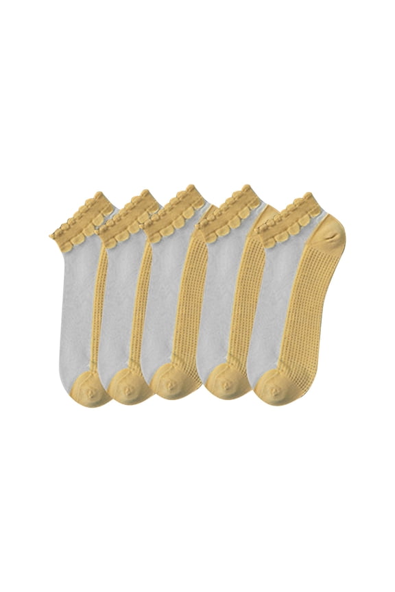 Ankle Socks Womens Cotton Crystal Yarn Panel Solid-Color Breathable Summer 5 Pack Socks Scalloped Cuff Transparent Sheer Cool Invisible Sock