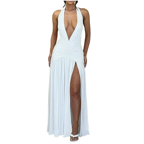 Alkepwun Backless Dresses for Women Sexy Halter Deep V Neck Maxi Dress Sleeveless High Split Ruched Party Cocktail Dress