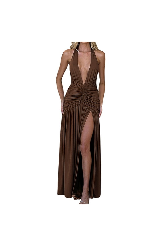 Backless Dresses for Women Sexy Halter Deep V Neck Maxi Dress Sleeveless High Split Ruched Party Cocktail Dress
