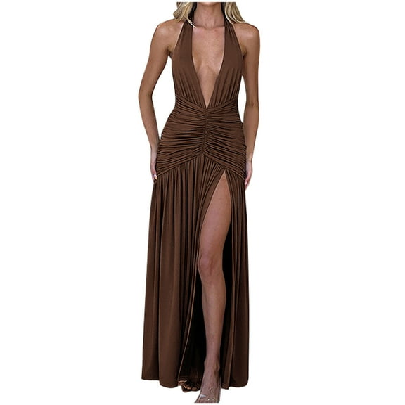 Alkepwun Backless Dresses for Women Sexy Halter Deep V Neck Maxi Dress Sleeveless High Split Ruched Party Cocktail Dress