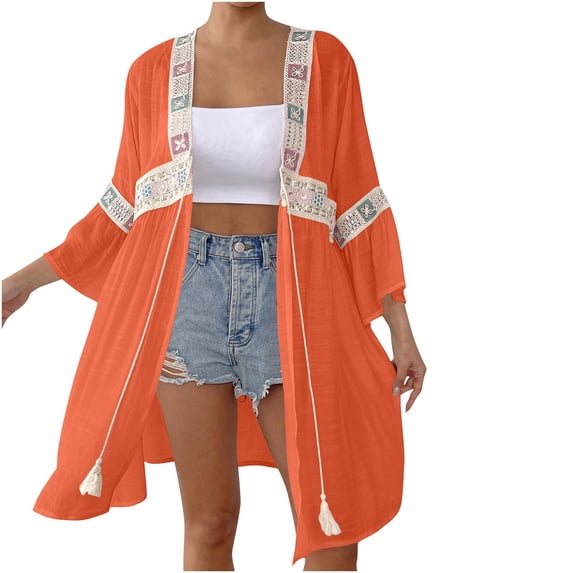 Alkepwun Bathing Suit Cover Up Women's Bohe Sequin Casual Tie Front V Neck Cardigan Long Sleeve Mid-Length Panel Summer Beach Vacation Swimwear