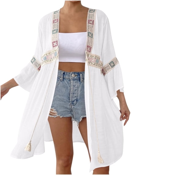 Alkepwun Bathing Suit Cover Up Women's Bohe Sequin Casual Tie Front V Neck Cardigan Long Sleeve Mid-Length Panel Summer Beach Vacation Swimwear