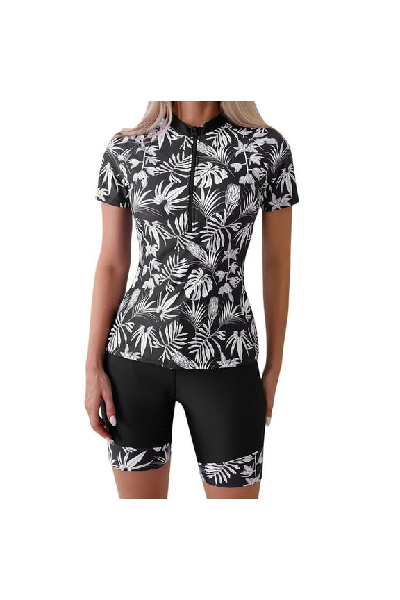 Bathing Suit for Women Floral Print Half Zip Fitted Short Sleeve Mock Neck Top High Elastic Tummy Control Short Lightweight Quick Dry Modest Two Piece Swimsuit