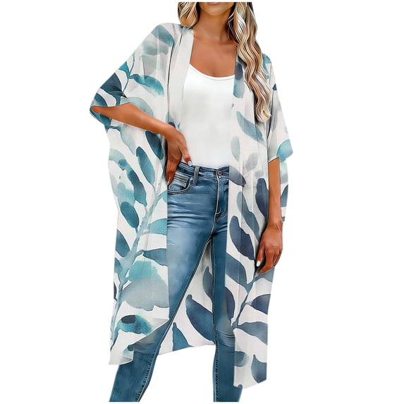 Alkepwun Beach Cover Up Women's Vintage-Print Half-Sleeves Casual Loose Long Cardigan Lightweight Breathable Kimono Boho Beach Coverups