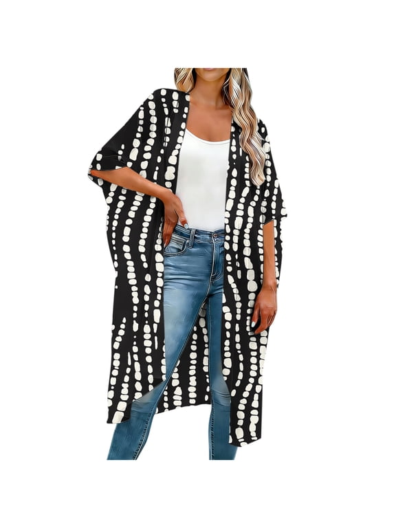 Beach Cover Up Women's Vintage-Print Half-Sleeves Casual Loose Long Cardigan Lightweight Breathable Kimono Boho Beach Coverups