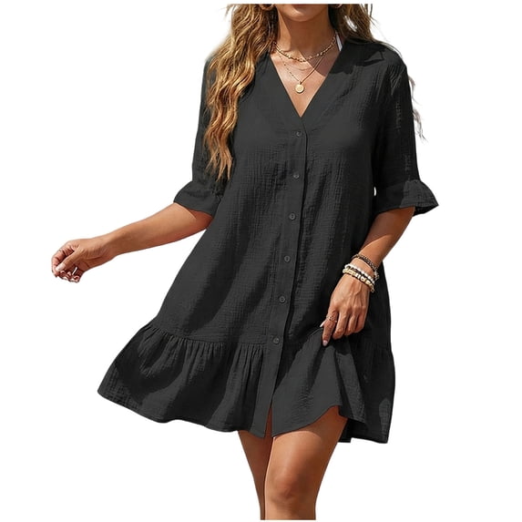 Alkepwun Beach Cover Ups for Women Button Down V-Neck Short Sleeve Ruffle Hem Beach Coverup Dress Lightweight Breathable Flowing Swimwear Tunic
