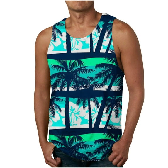 Alkepwun Beach Tank Tops Men Sleeveless Hawaiian Shirt Tropical Palm Tree Print Tee Shirt Plus Size Summer Tops