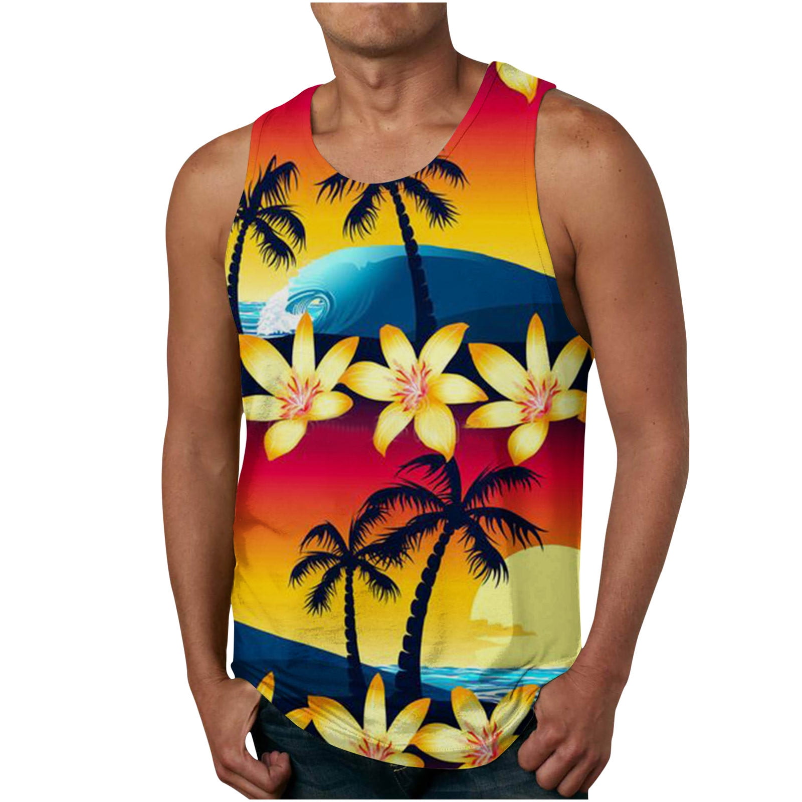 Men's Hybrid Tank Top - Tropical Macaw - Coastal Blue
