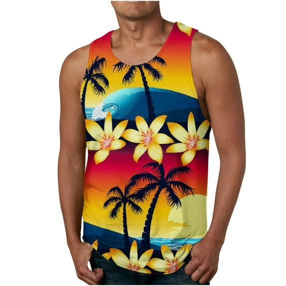 Alkepwun Beach Tank Top Mens Sleeveless Hawaiian Shirt Tropical Palm Tree Print Tee Shirt Plus Size Summer Tops