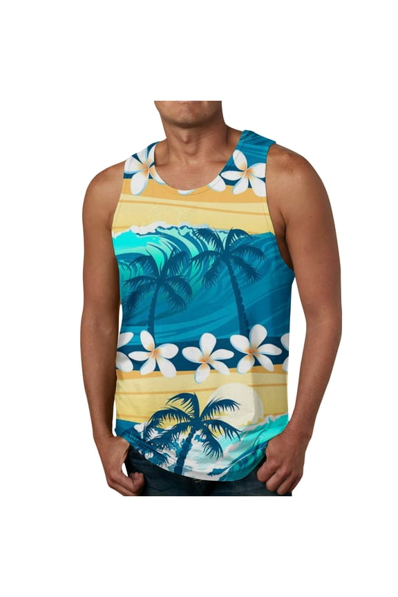 Beach Tank Top Mens Sleeveless Hawaiian Shirt Tropical Palm Tree Print Tee Shirt Plus Size Summer Tops