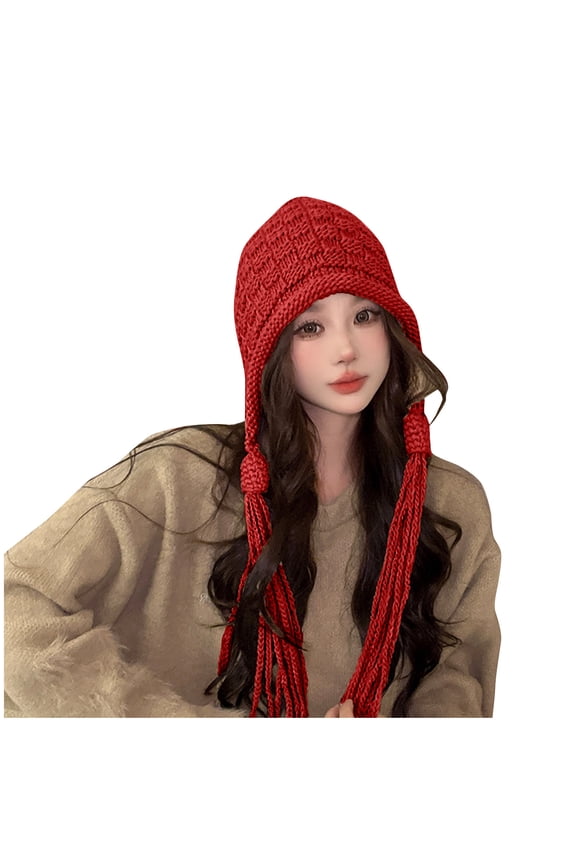 Beanie for Women Thickened Winter Windproof Hand Knit Hat Peruvian Cover Ears Hat Winter Outdoor Warmth Snow Hat with Cute Tassels