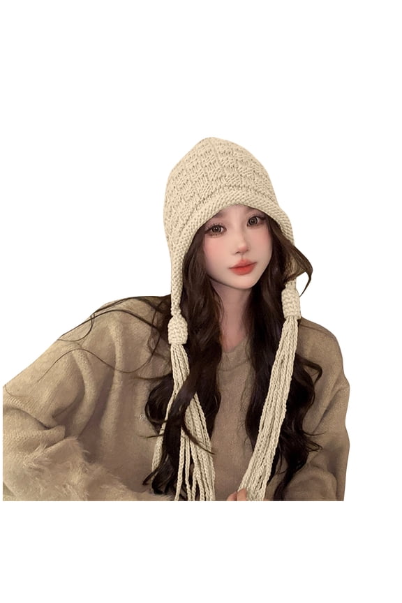 Beanie for Women Thickened Winter Windproof Hand Knit Hat Peruvian Cover Ears Hat Winter Outdoor Warmth Snow Hat with Cute Tassels