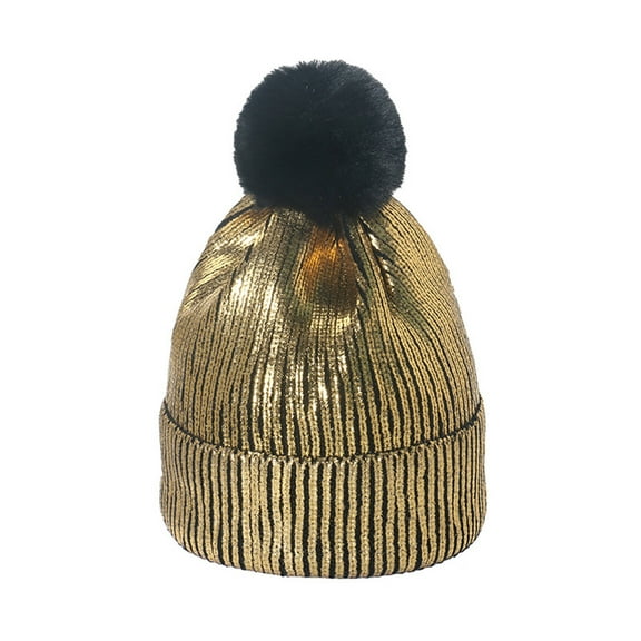 Alkepwun Beanies Hats Men Faux Fur Pom Pom Glitter Metallic Beanie Hat Warm Soft Winter Knit Hat Stretchy Cuffed Skull Cap for Christmas Party