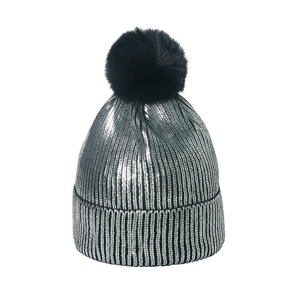 Alkepwun Beanies Hats Men Faux Fur Pom Pom Glitter Metallic Beanie Hat Warm Soft Winter Knit Hat Stretchy Cuffed Skull Cap for Christmas Party