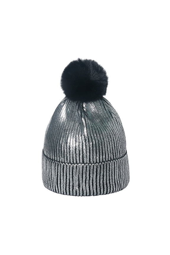 Beanies Hats Men Faux Fur Pom Pom Glitter Metallic Beanie Hat Warm Soft Winter Knit Hat Stretchy Cuffed Skull Cap for Christmas Party